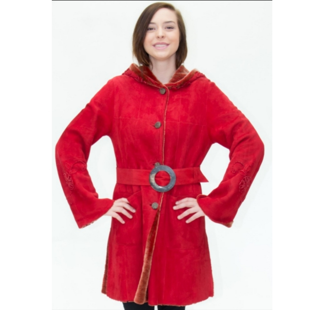 CLEARANCE!! Red Merino Suede Lamb Fur 37” Shearling Hooded Parka